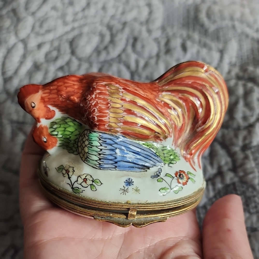 Vibrant Ceramic Rooster and Hen Trinket Box